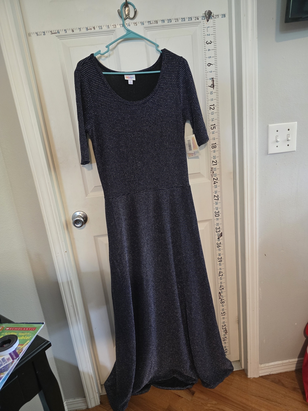 LuLaRoe Ana Dress Large NWT Blue Silver Metallic Stripe Maxi Dress 3/4 Sleeve